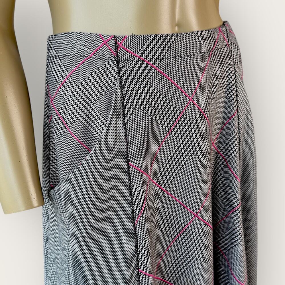 Cato Plaid Flare Midi Skirt Size M Gray Pink High Low Stretchy Ponte Knit Pullon - Picture 6 of 13